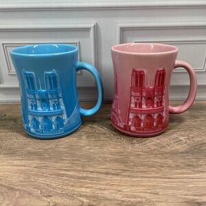 Paris Landmark Mugs Eiffel Tower Notre Dame Blue Pink Souvenir Coffee Tea Cups